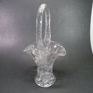 Glass flower basket with etched flower on both sides 12" tall (almost 2lbs)